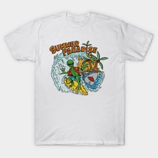 Surfing Alien on The Dangerous Beach T-Shirt